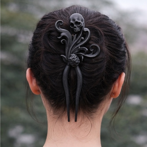Handmade Accessories - Black Gothic Skull & Rose Hair Sticks – Ornate Dark Floral Design